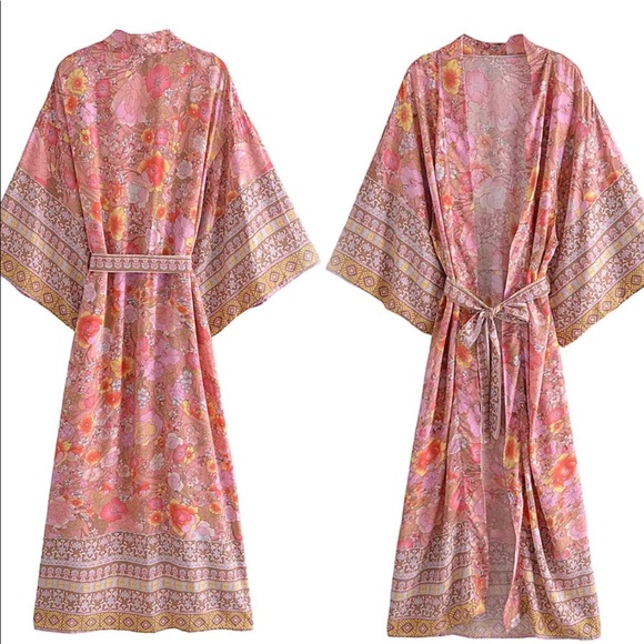 New Bohemian Floral Kimono Duster Jacket Robe Swim Cover Up - Picture 3 of 8